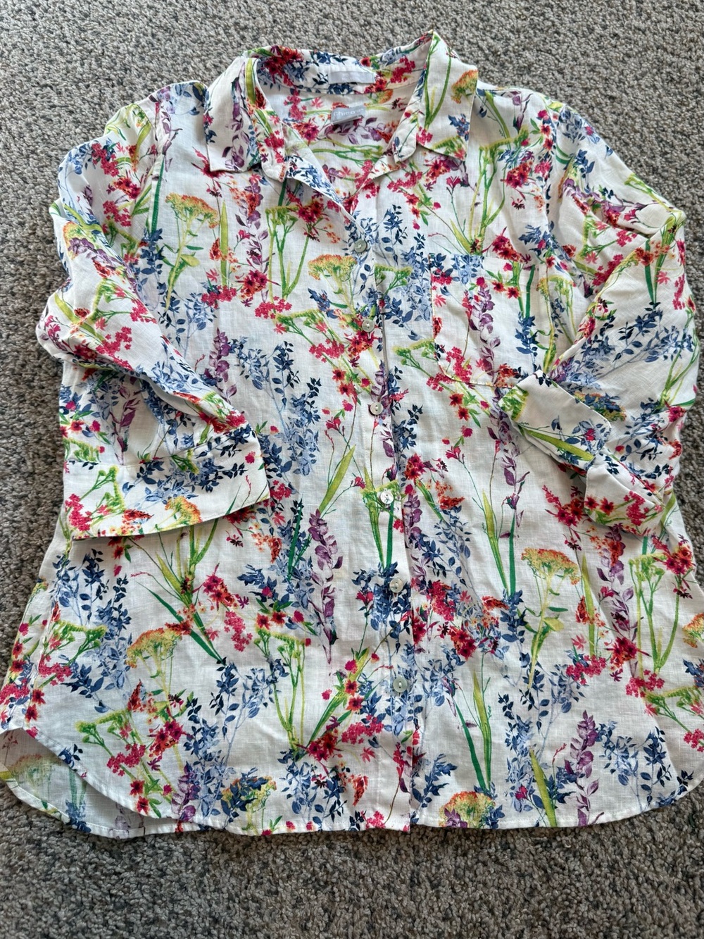 Chico's No-Iron 100% Linen Floral Fresh Chic Women's Blouse Top Size 2 Plus